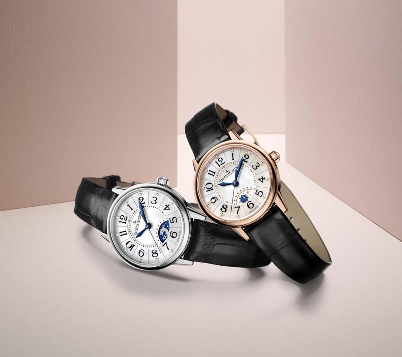 Jaeger-LeCoultre Rendez-Vous Night & Day watches are equipped with a day/night indicator in an arched window at 6 o’clock. The large black numerals, crowned with a diamond chaton, can be easily read against the glowing mother-of-pearl dial.