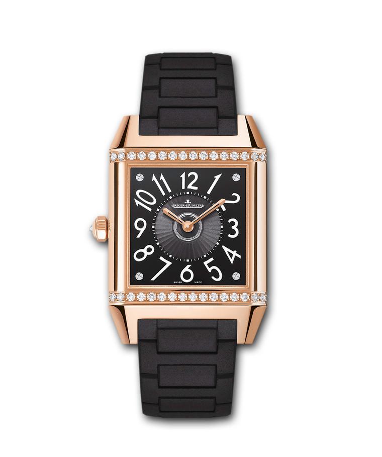 The Jaeger-LeCoultre Reverso Squadra Lady Duetto watch features a back dial in black with a visible oscillating rotor and Arabic numerals.