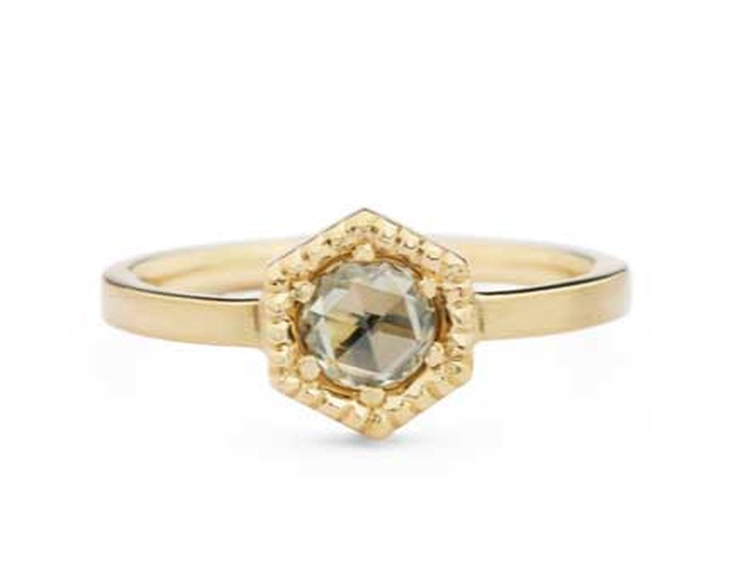 Jessica Poole Hexagon diamond engagement ring in brushed gold with milgrain edging, set with a cognac rose-cut diamond.