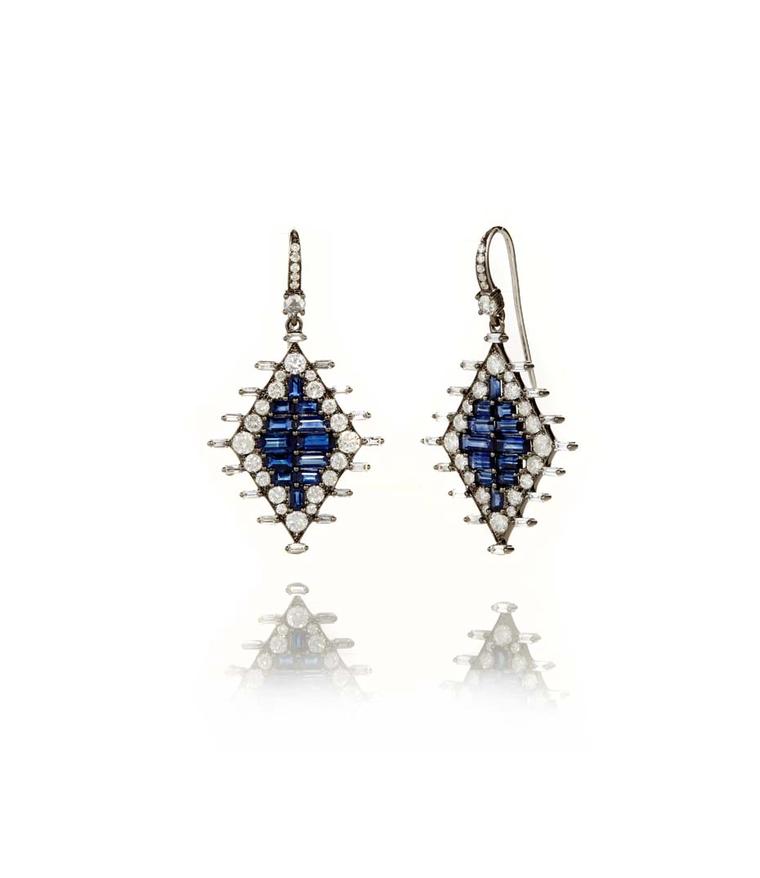 Nam Cho baguette-cut sapphire earrings surrounded by brilliant-cut diamonds (from $11,380).