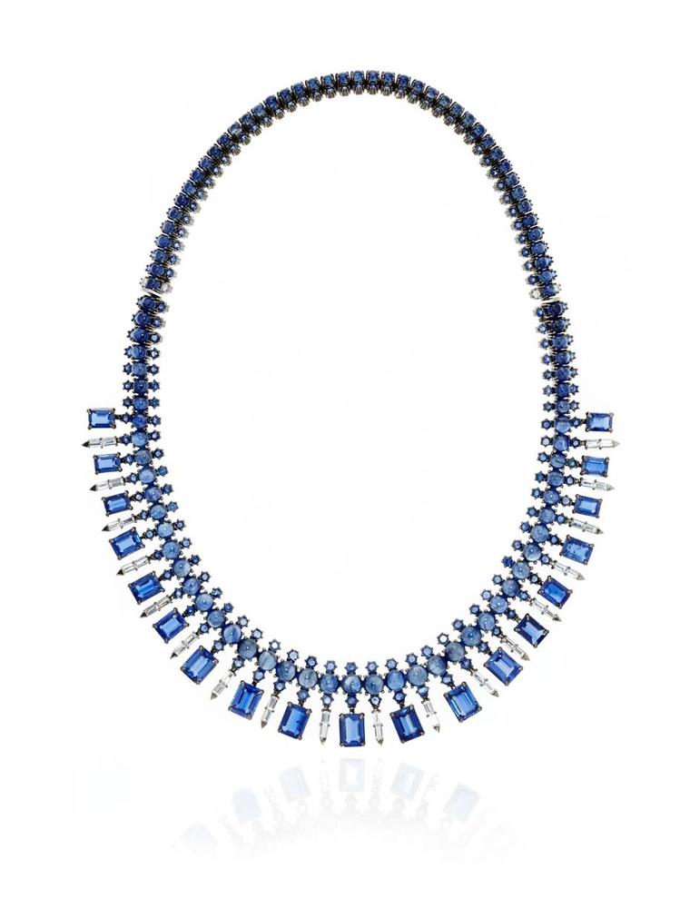 Nam Cho baguette necklace featuring emerald-cut kyanites, blue sapphires, blue sapphire cabochons and white sapphire baguettes set in white gold (from $65,000).