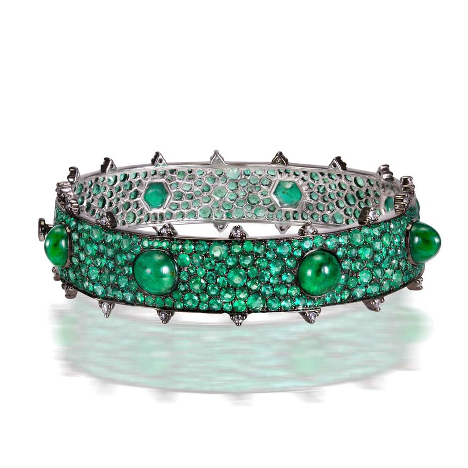 Nam Cho emerald bracelet featuring diamond-cut and cabochon Zambian emeralds and rose-cut diamonds (from $55,000).