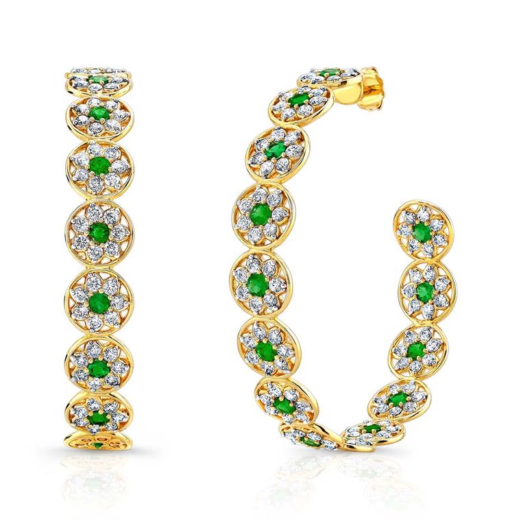 Buddha Mama Large Flower Peace earrings with diamonds and emeralds ($19,260).