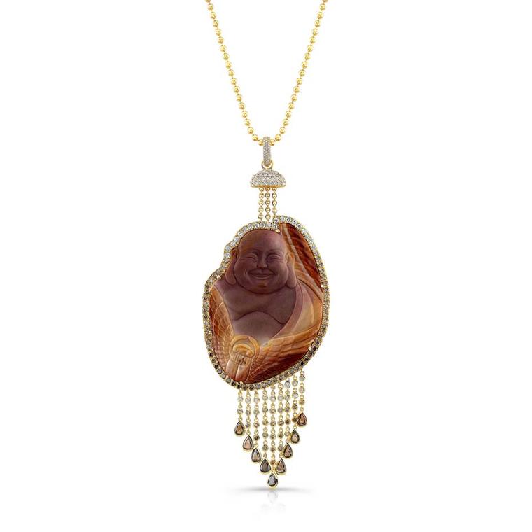 Buddha Mama one-of-a-kind hand-carved jasper Buddha necklace set with brown and white diamonds ($29,400).