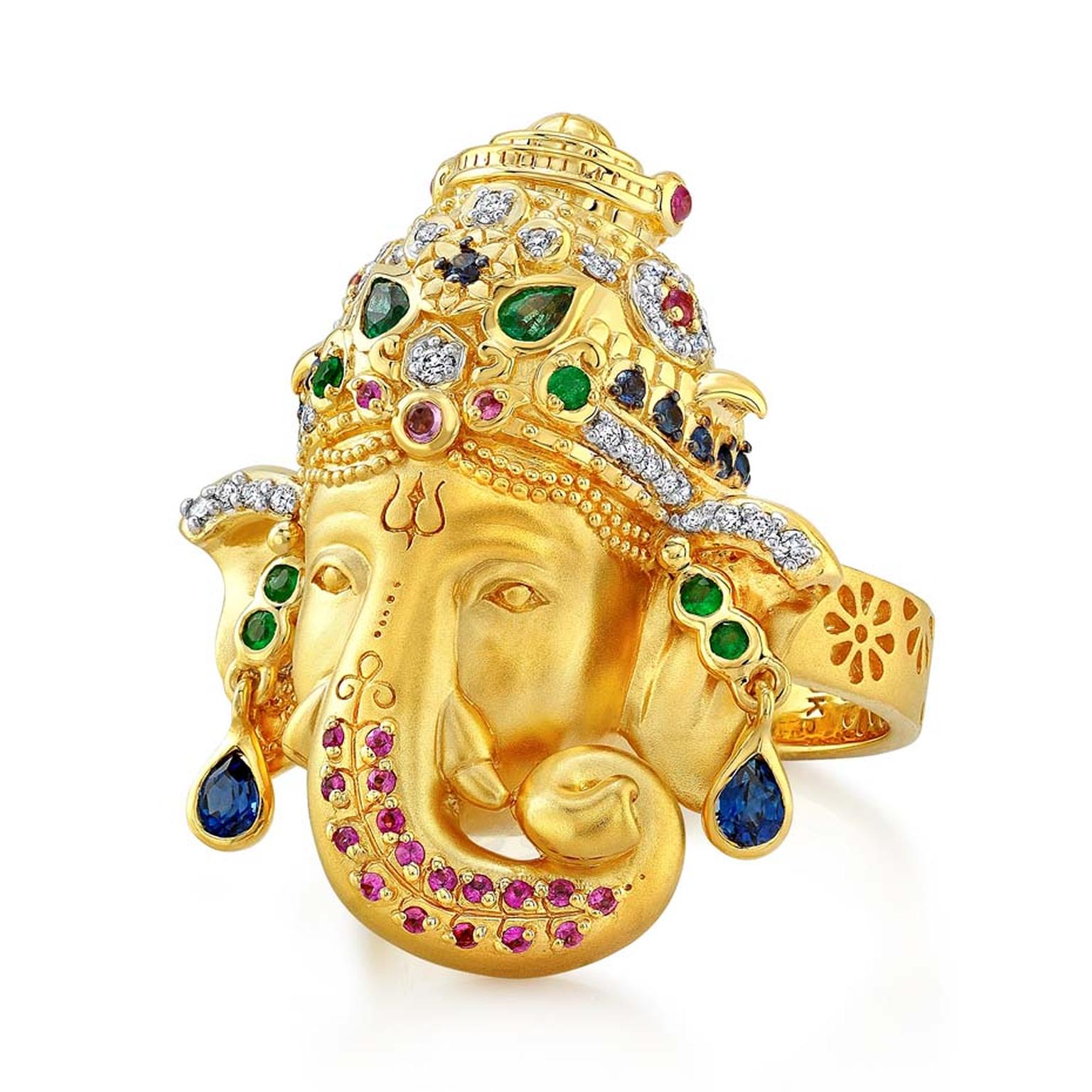 Buddha Mama Ganesha ring with diamonds, emeralds and blue and pink sapphires ($5,800).