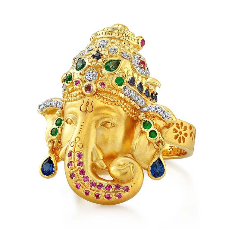 Buddha Mama Ganesha ring with diamonds, emeralds and blue and pink sapphires ($5,800).