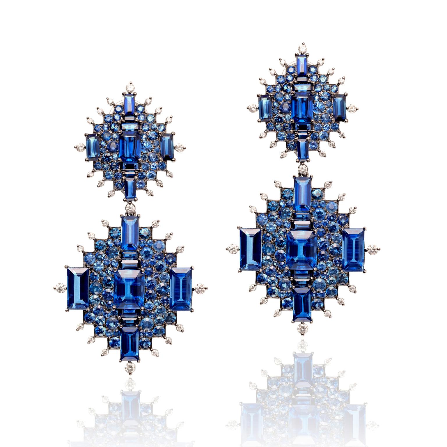 At the 2014 Couture Show in Las Vegas, Nam Cho took home first prize for these detachable and convertible earrings with kyanites, blue sapphires and diamonds (from $34,900).
