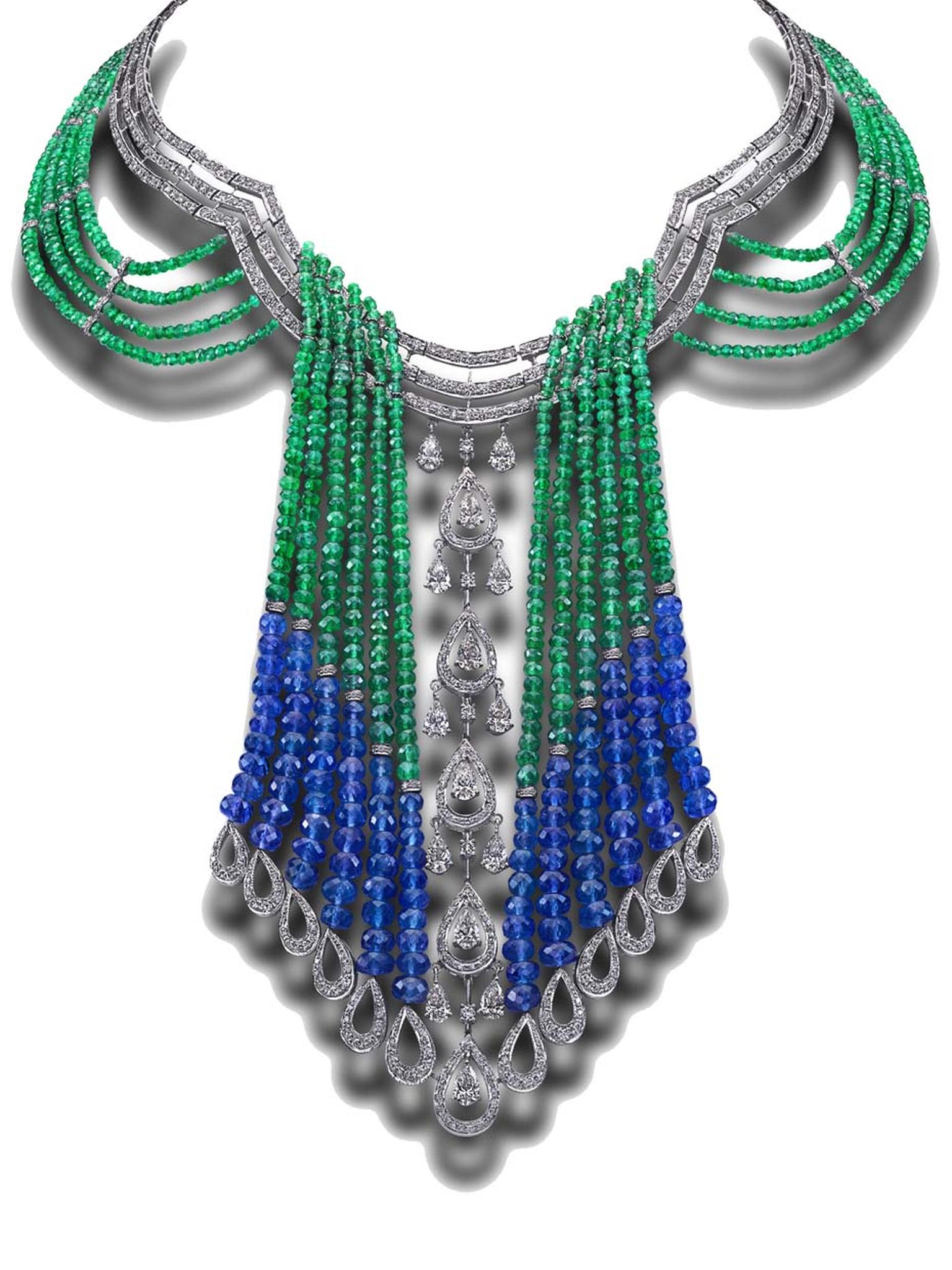 House of Rose emerald and tanzanite necklace with pear-shaped diamonds.