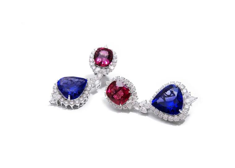 Farah Khan rubellite and tanzanite earrings surrounded by diamonds.