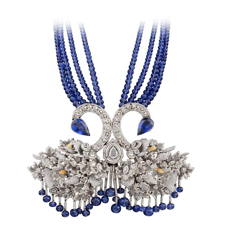 Bina Goenka Swan necklace with diamond slices and pear-shaped tanzanites and beads.