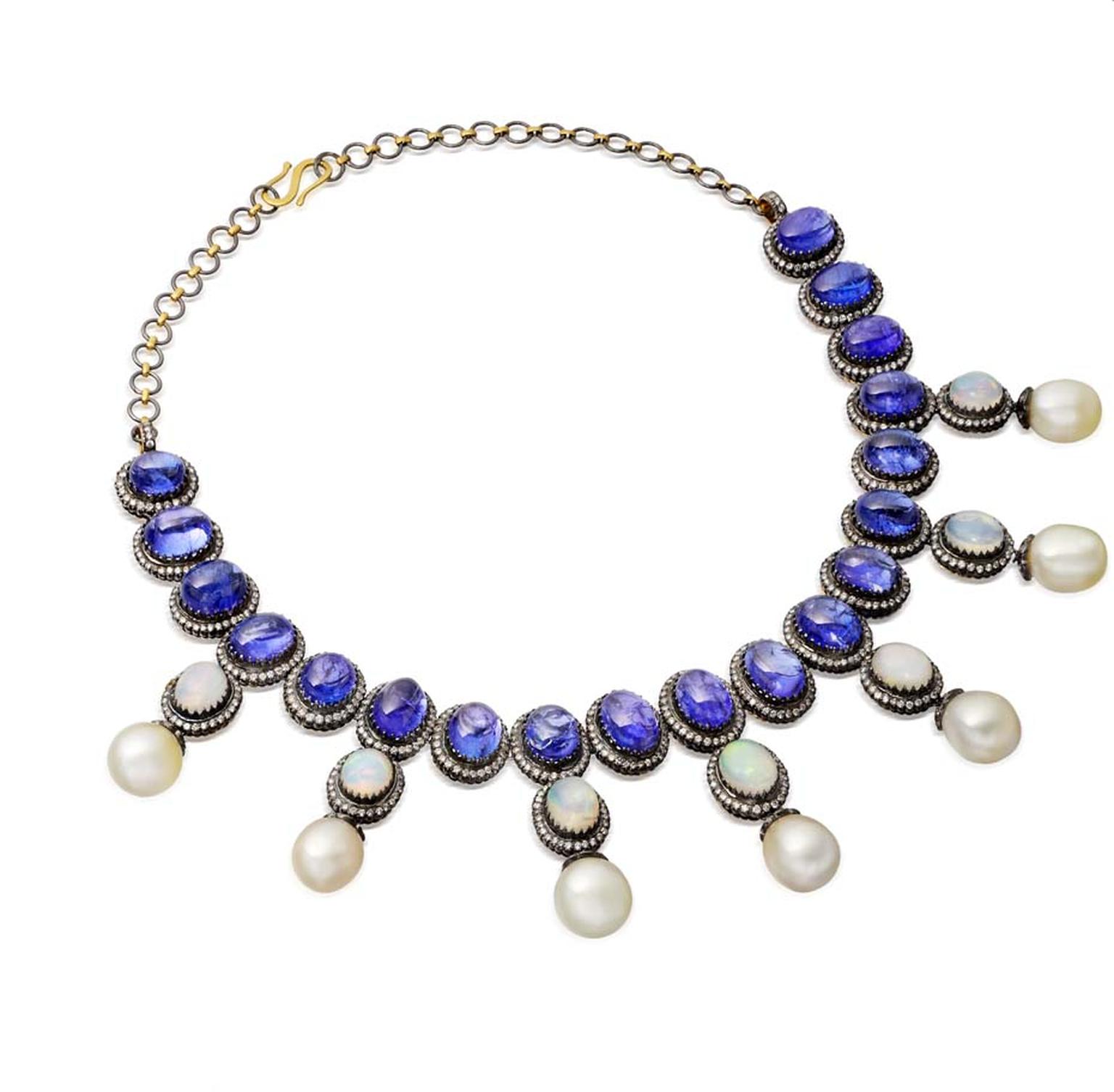 Amrapali cabochon tanzanite necklace with pearls and opals set in antique-finished gold.