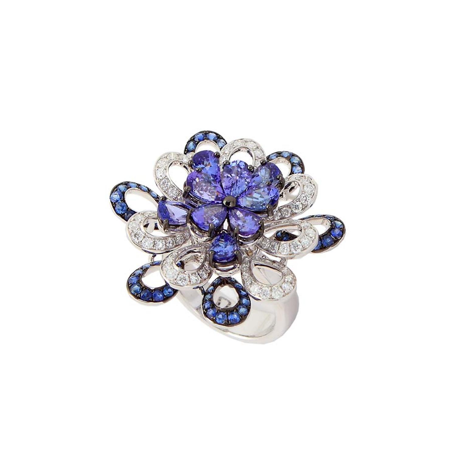 Anmol Jewellers Floral ring with pear-shaped tanzanites and pavé-set diamonds.