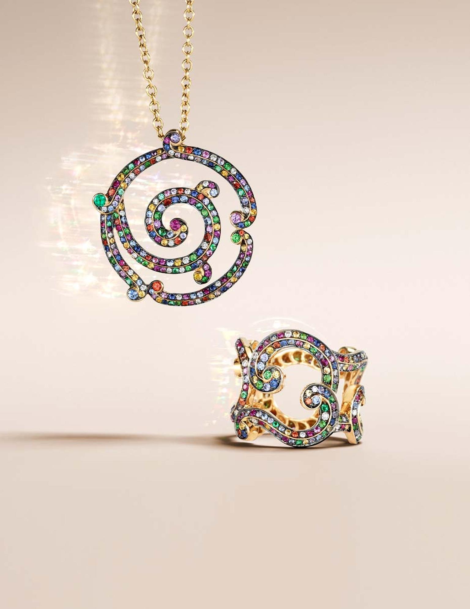 Fabergé Rococo Lace Multi-Coloured yellow gold pendant (£5,331) and ring (£6,219).