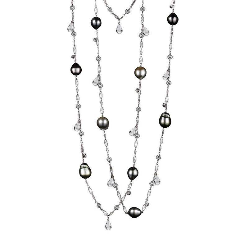 Alexandra Mor white diamond and pearl sautoir necklace with briolettes and snowflake charms.