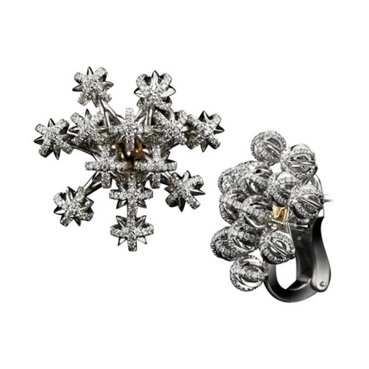 Alexandra Mor Dome Snowflake charms earrings featuring diamonds set in white and black gold.