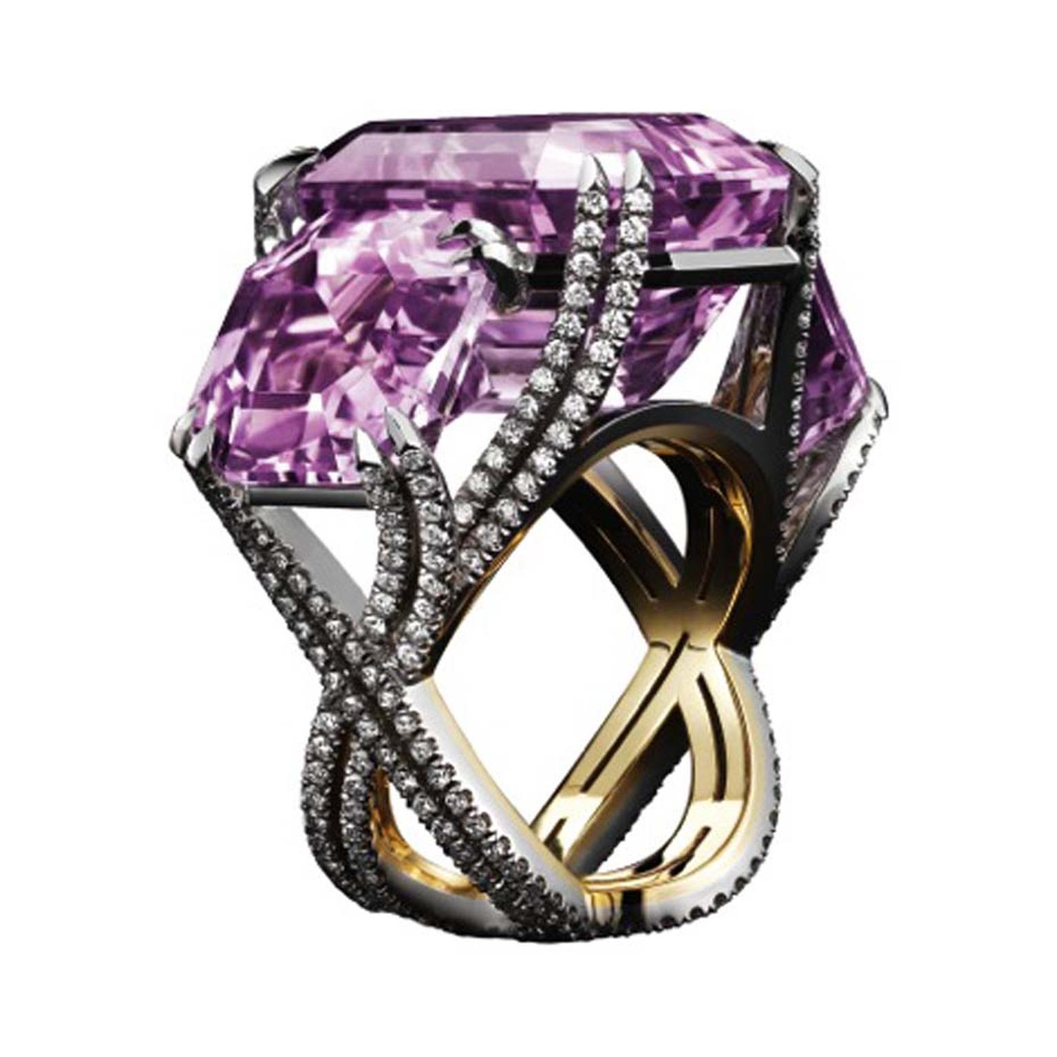 Alexandra Mor three stone kunzite and diamond ring.