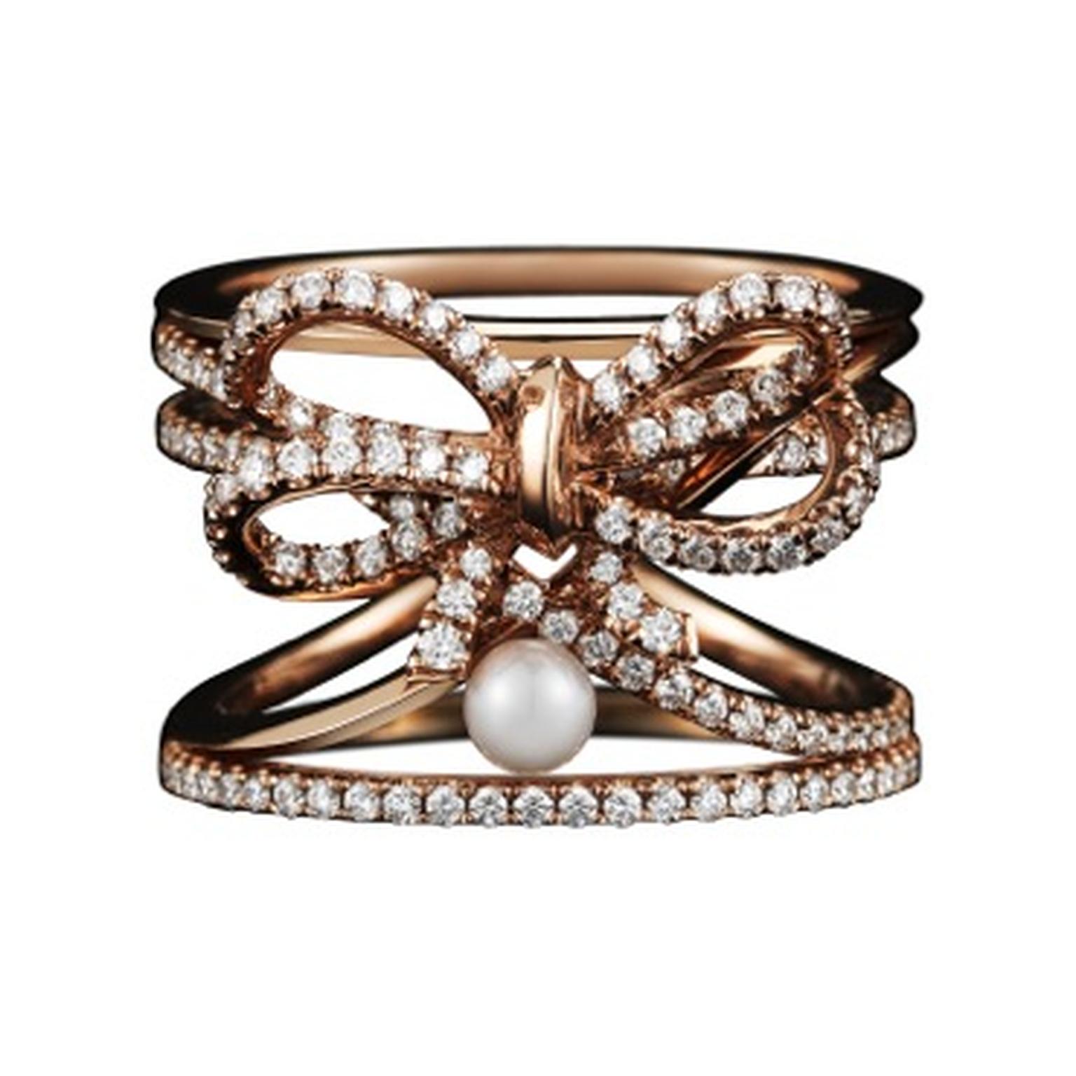 Alexandra Mor contemporary diamond bow and pearl ring in rose gold.