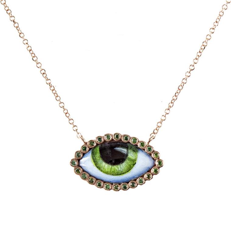 Lito Her Tu Es Partout necklace in rose gold featuring a green enamelled eye surrounded by green diamonds ($1,070).