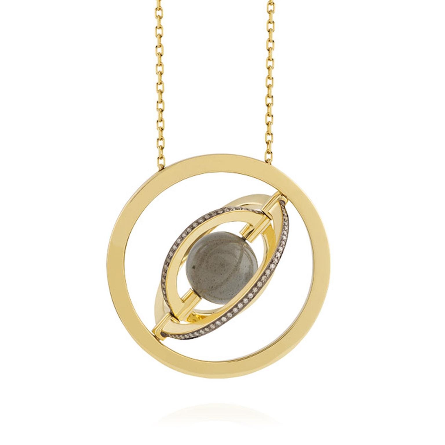Noor Fares Urania pendant with a centre 7.17ct labradorite sphere surrounded by a rotating setting of three rings of yellow gold and diamonds