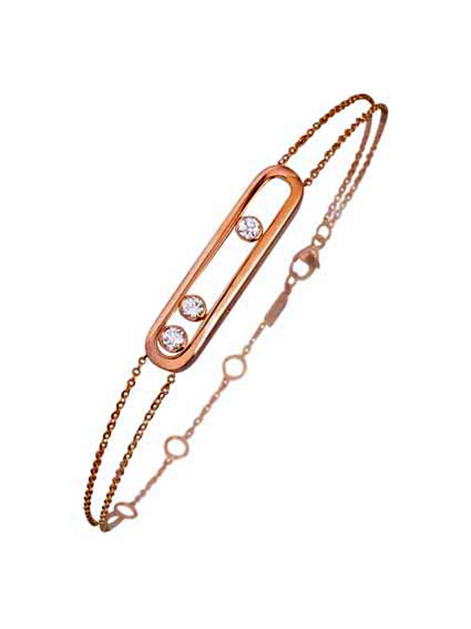 Messika Move bracelet in rose gold with three brilliant-cut diamonds that slide back and forth with the movement of the wearer’s wrist.