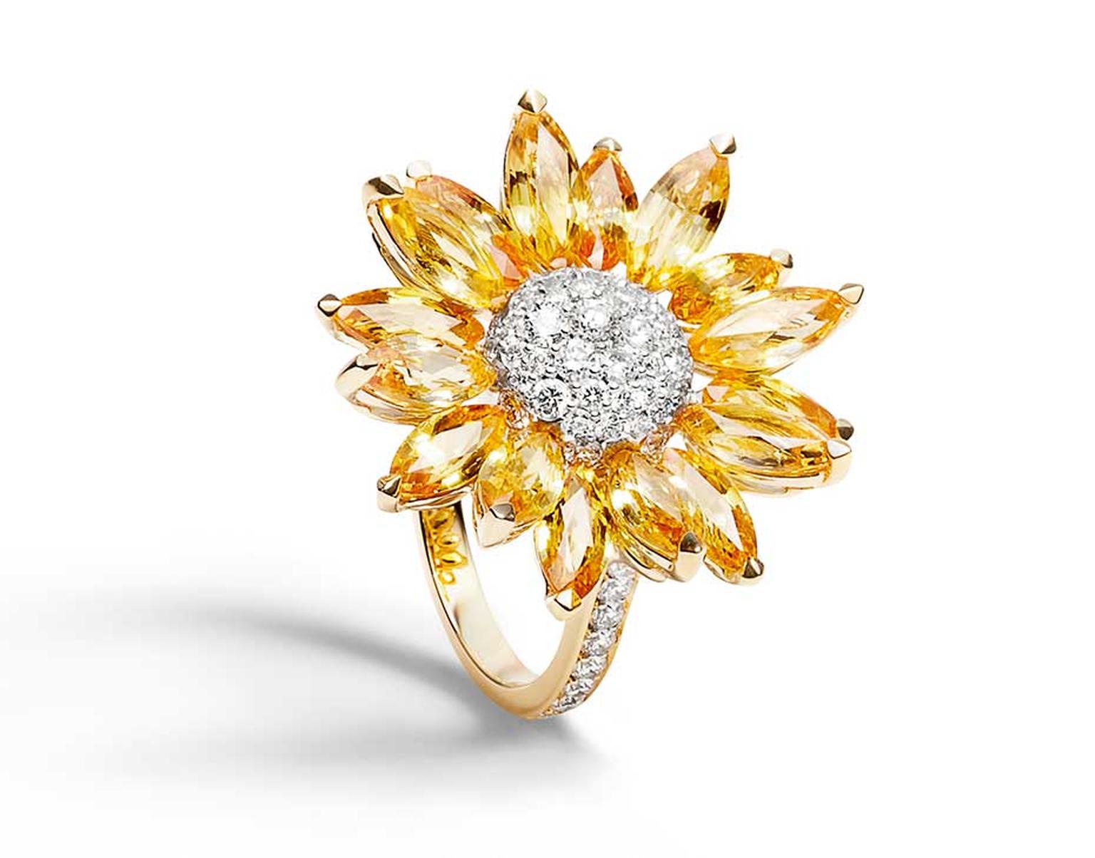 Asprey Daisy Heritage cocktail ring in yellow gold with marquise-cut yellow sapphires and a pavé diamond centre (£7,500).