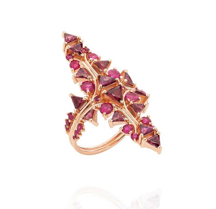 Fernando Jorge Fusion Red Arrow cocktail ring in rose gold with rubies and rhodolites (£2,900).