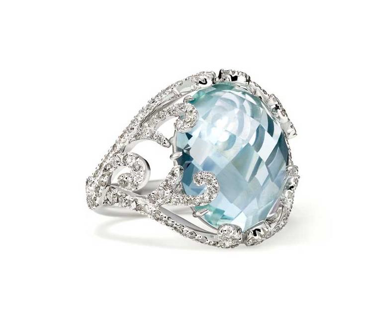 Sarah Ho for William & Son cocktail ring in white gold with a faceted cabochon aquamarine and diamonds (£4,800).