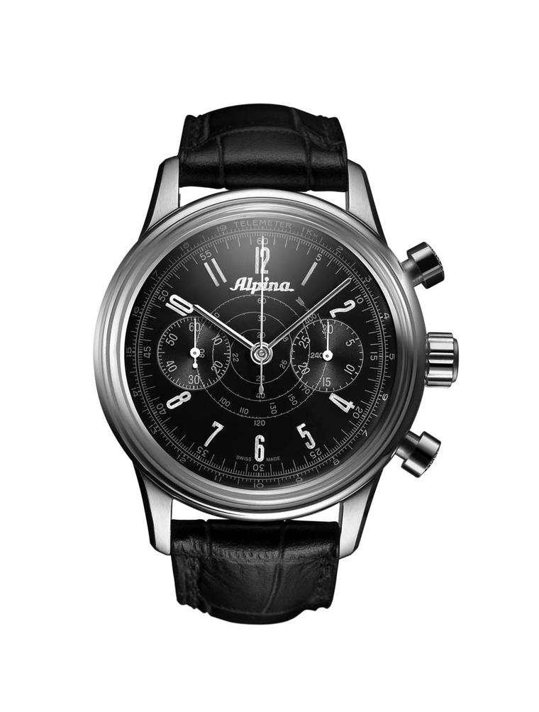 Alpina's vintage 130 Heritage Pilot Chronograph features a bi-compax layout complemented with telemetre and tachymetre scales marking it as a professional aviation companion (£2,100).
