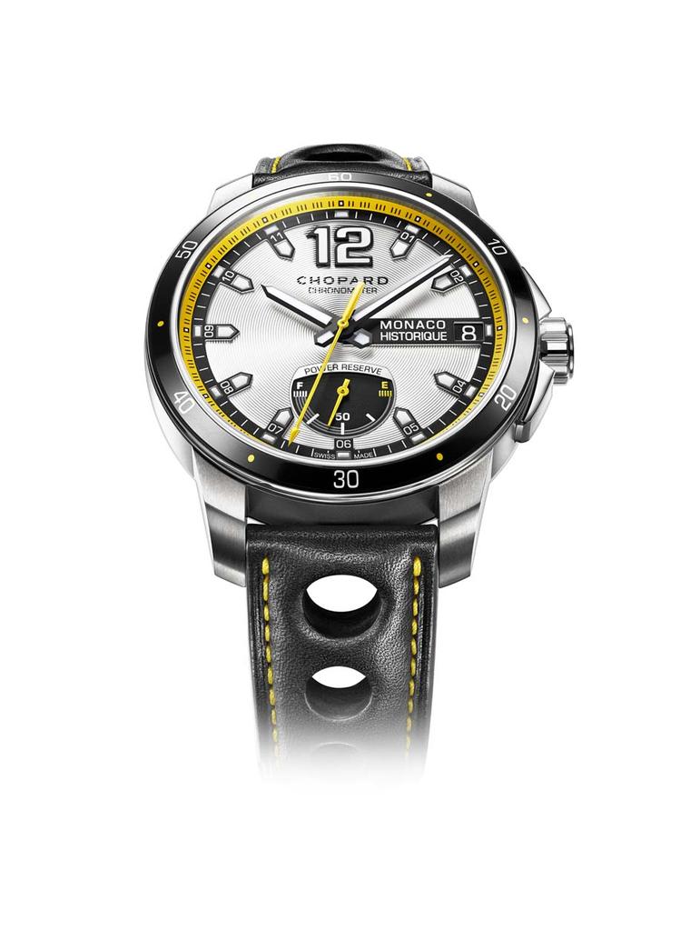 Chopard's sporty Grand Prix de Monaco Historique watch collection includes this racy GPMH Power Control watch, with a power-reserve indicator in the form of a petrol gauge at 6 o’clock. The powerful engine is a self-winding Chopard COSC-certified chronome