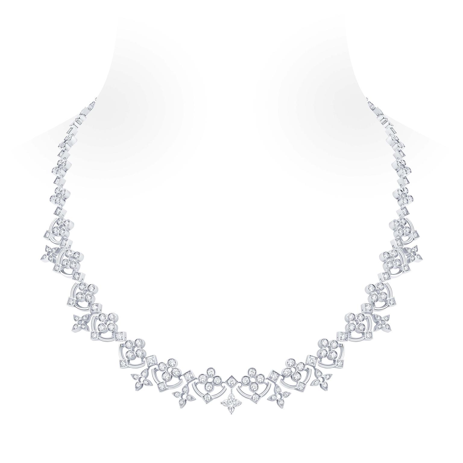 The most dramatic piece in Louis Vuitton's new Dentelle de Monogram jewellery collection is the shorter necklace in a classical style that, in ever increasing sizes, weaves together garlands of diamond flowers and stars that lead to a 0.50 carat diamond, 