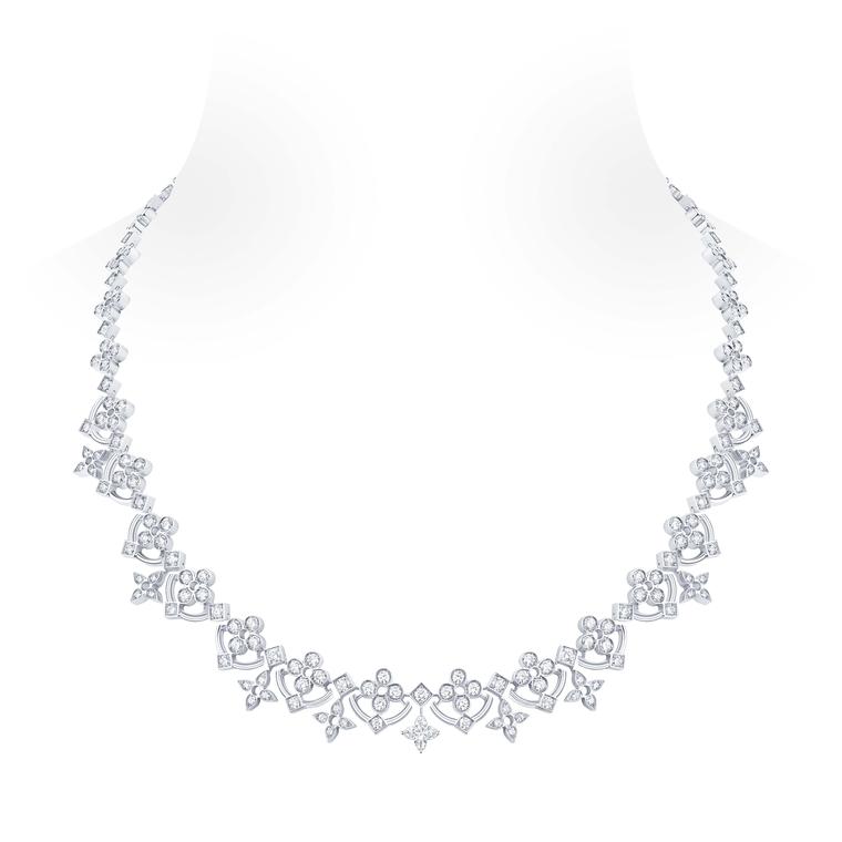 The most dramatic piece in Louis Vuitton's new Dentelle de Monogram jewellery collection is the shorter necklace in a classical style that, in ever increasing sizes, weaves together garlands of diamond flowers and stars that lead to a 0.50 carat diamond, 
