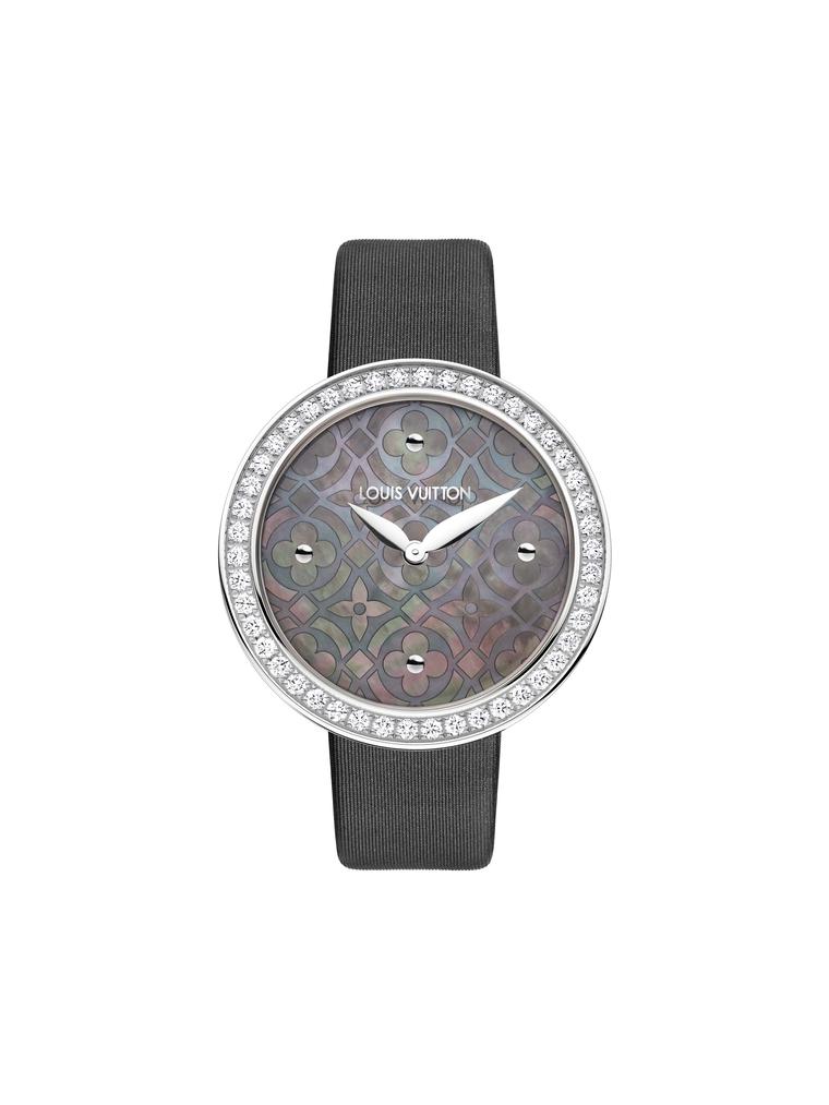 Louis Vuitton Dentelle de Monogram watch with a grey Polynesian mother-of-pearl dial, diamond bezel and grey satin strap.