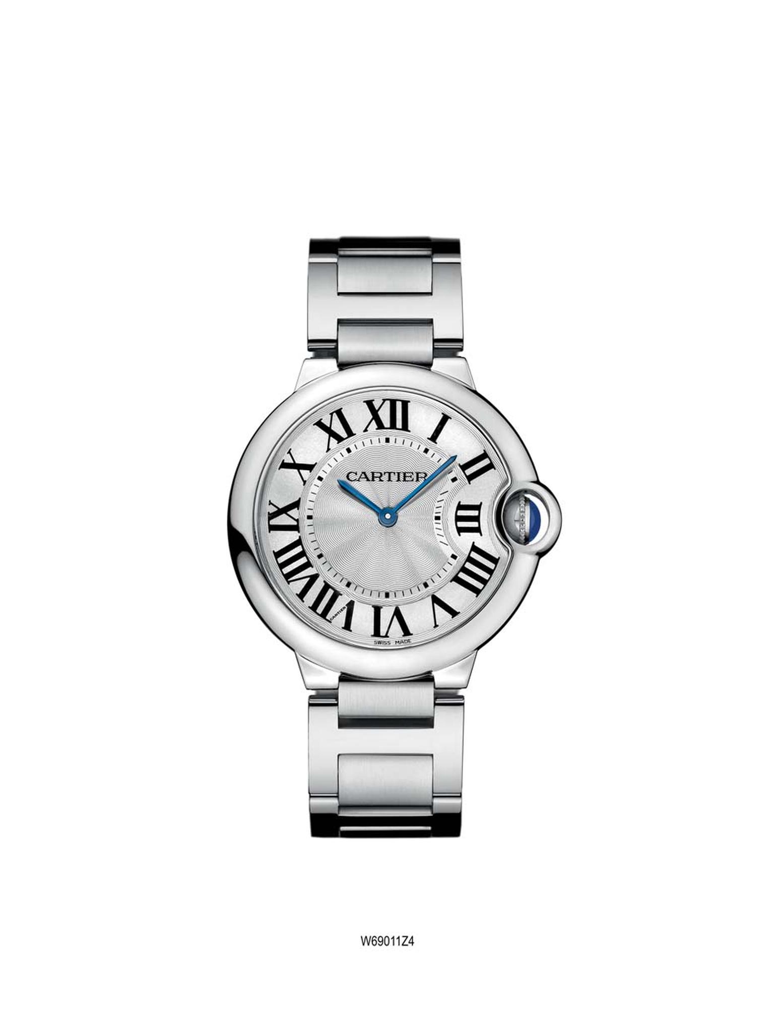 The Ballon Blue de Cartier, released in 2007, in stainless steel features a guilloché dial with large Roman numerals (£3,850).
