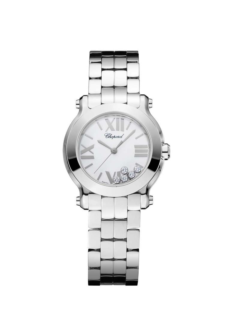 Chopard's Happy Sport Mini watch in stainless steel, with the hallmark five floating diamonds that dance in time to the wearer’s motions, is sporty, practical and sexy (£4,620).