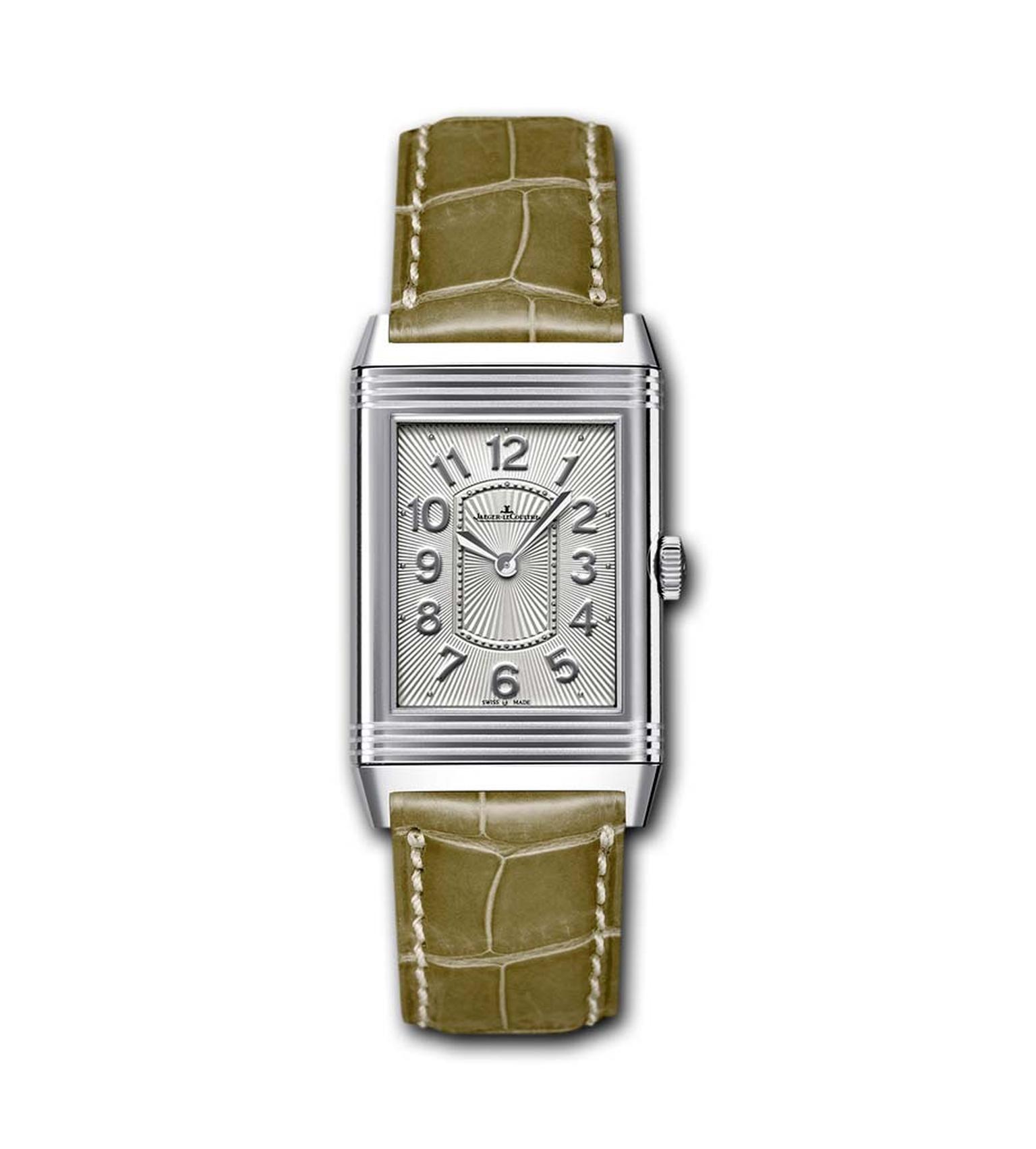 The curved stainless steel case of the Jaeger-LeCoultre Grande Reverso Lady Ultra Thin watch is a mere 7.2mm thick and features a silvered guilloché and sunray brushed dial that reflects the light in all directions (£3,350).