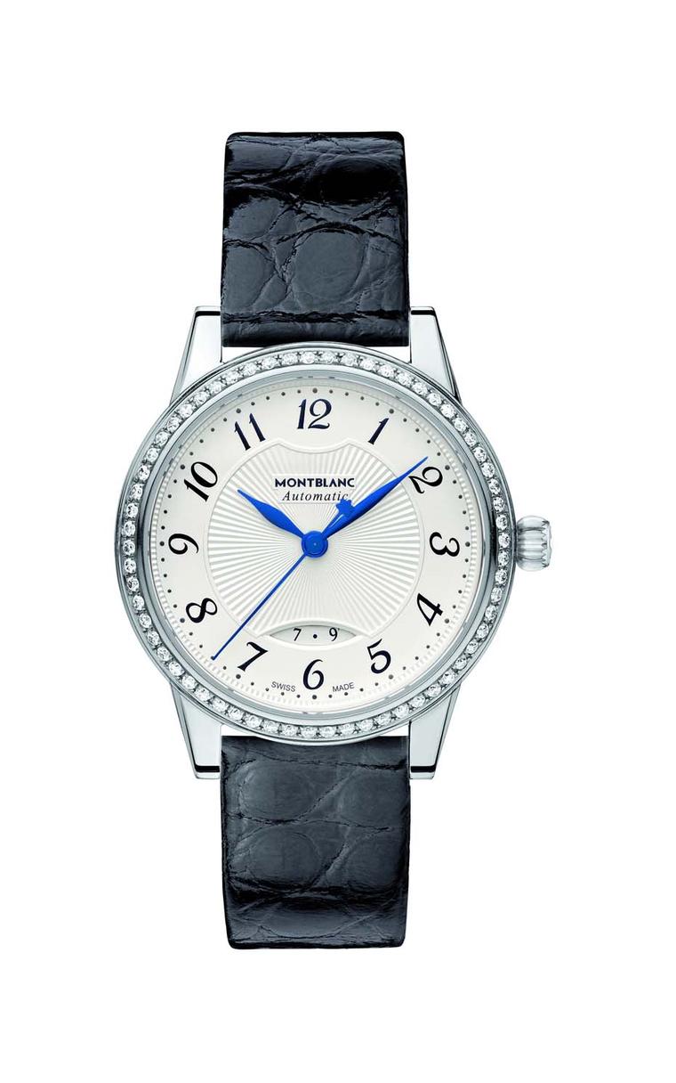 The Montblanc Bohème Date Automatic watch features an elliptical date window at 6 o’clock, with delicate floral Arabic numerals and a sunburst guilloché pattern in the centre, enhanced with a diamond-set bezel (£3,390).