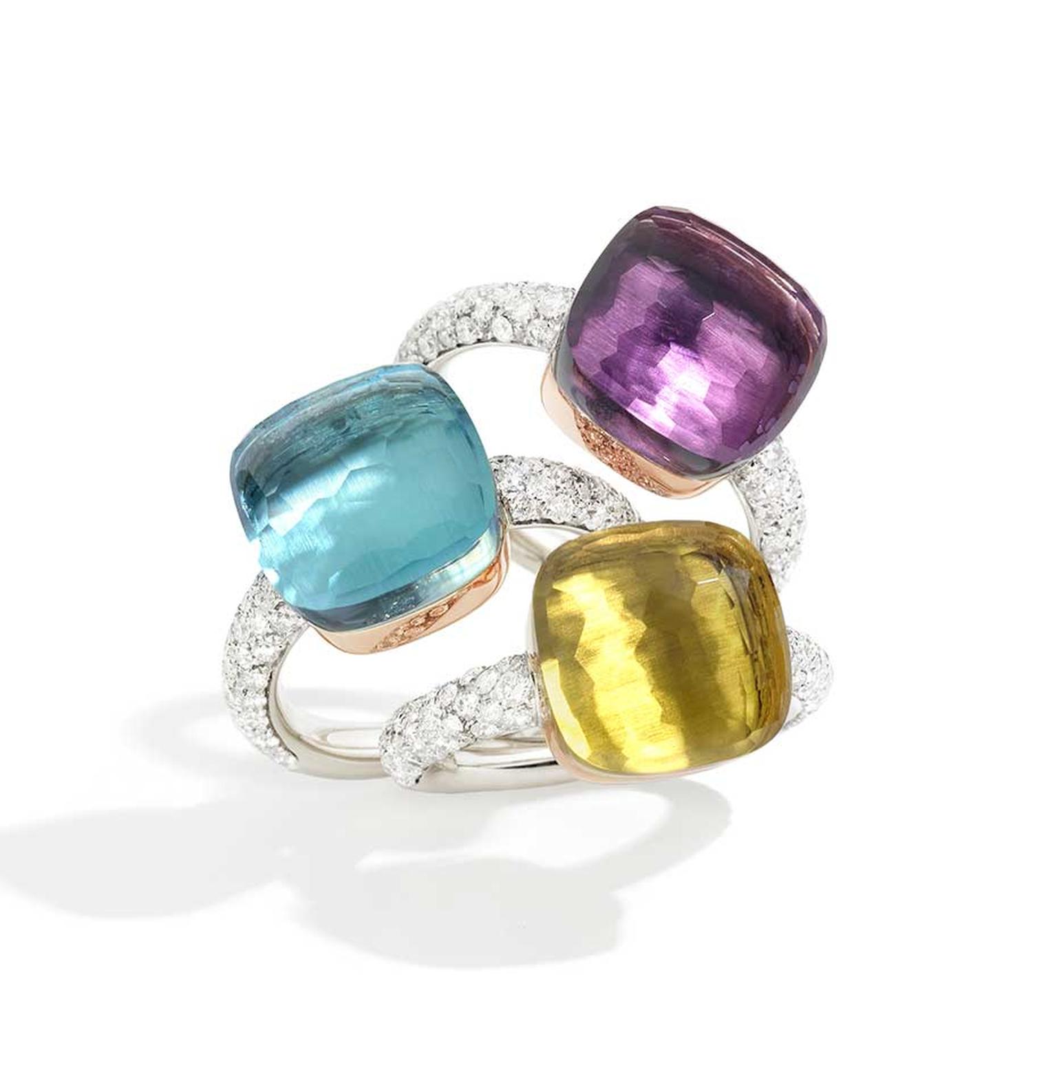 This season, the Italian jeweller Pomellato makes it easier to find the perfect Christmas gift as new versions of its classic Nudo ring in white gold, set with an amethyst, blue topaz and lemon quartz, are presented with the addition of diamonds.