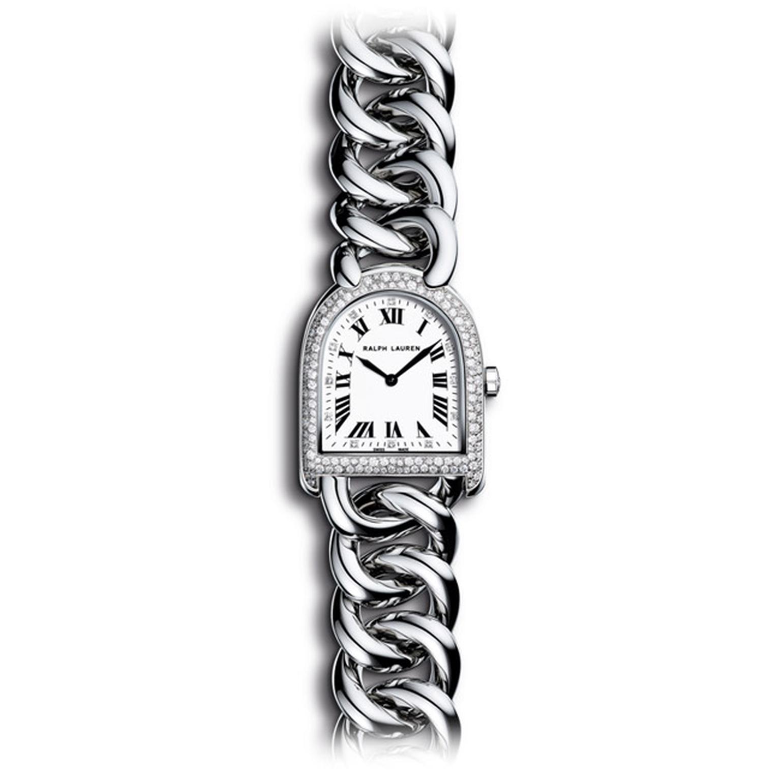 The new Ralph Lauren Petite Link Stirrup watch reflects the latest trend for smaller-sized women's watches. This model features a stainless steel case with a snow-set diamond bezel and accompanying link bracelet (£4,250).