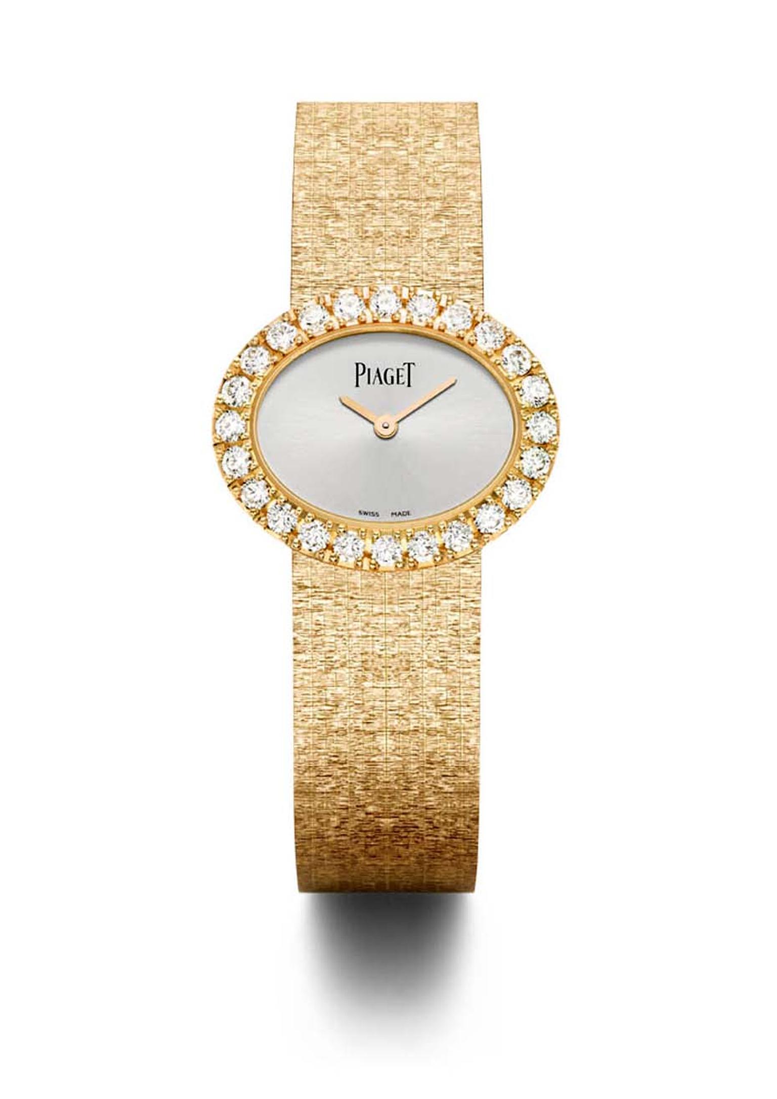 The Piaget watch gold bracelet is a work of goldsmithing prowess made to resemble gold textured fabric, which shimmers like a silk ribbon on the wrist.