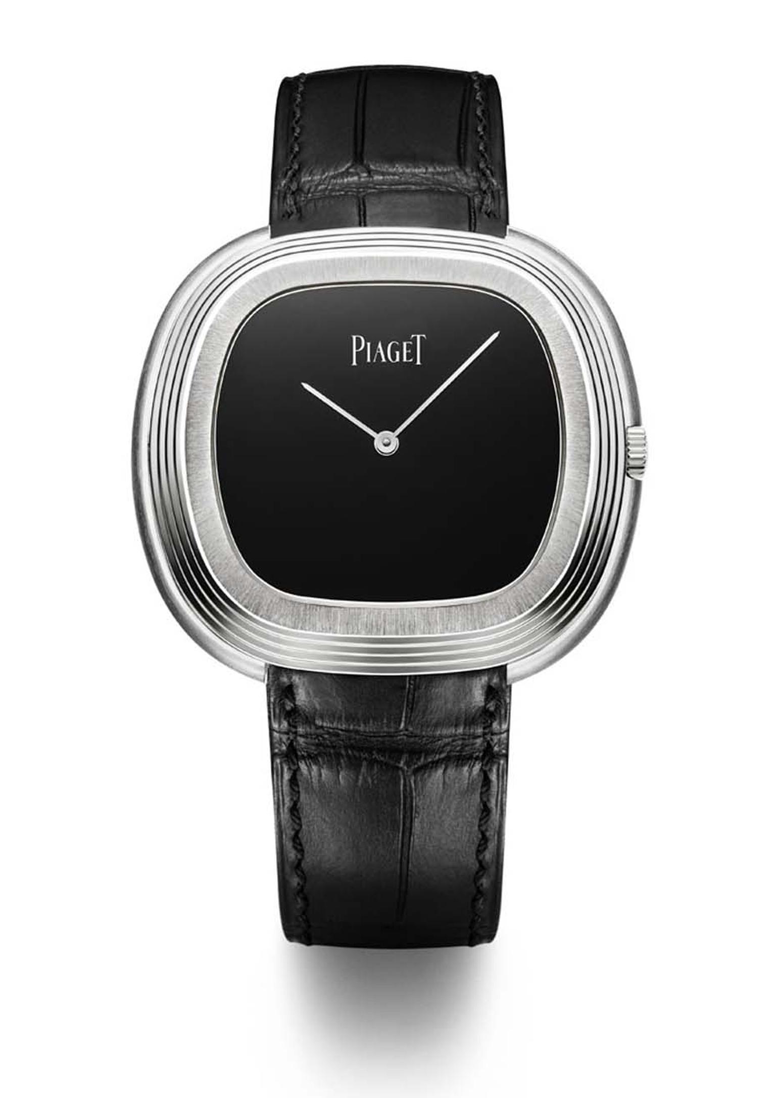 The Piaget Black Tie vintage watch has retained the bold cushion-shaped case of its predecessor, a watch that was purportedly worn and admired by Andy Warhol in the 1960s.