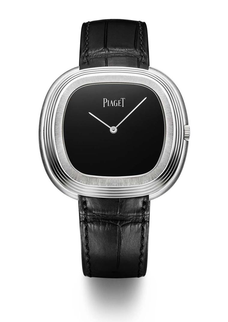 The Piaget Black Tie Vintage watch, new for 2015, has retained the bold cushion-shaped case of its predecessor, a timepiece that was worn and admired by Andy Warhol in the 1960s.