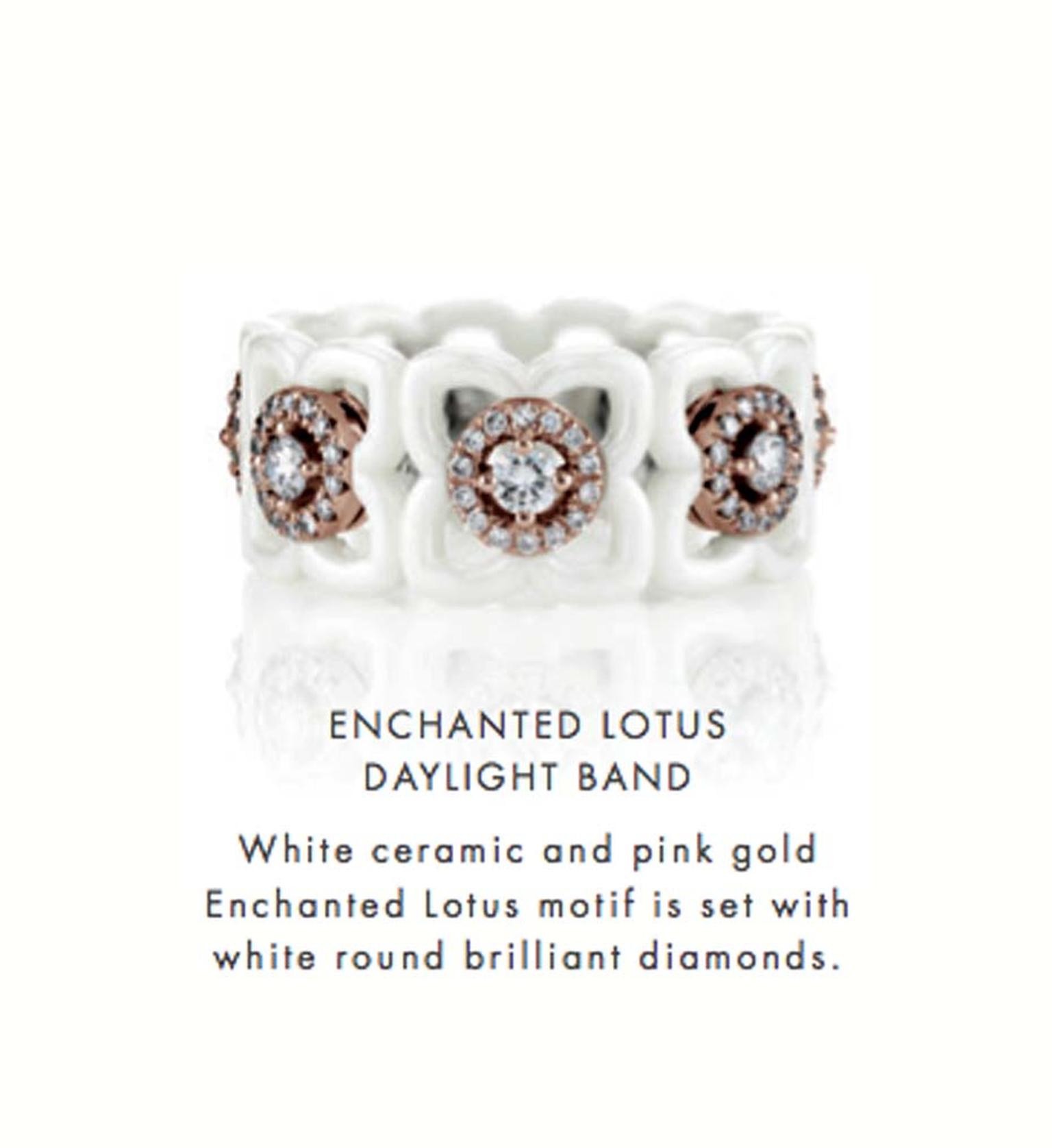De Beers Enchanted Lotus Daylight ring featuring white ceramic and pink gold and round diamonds.