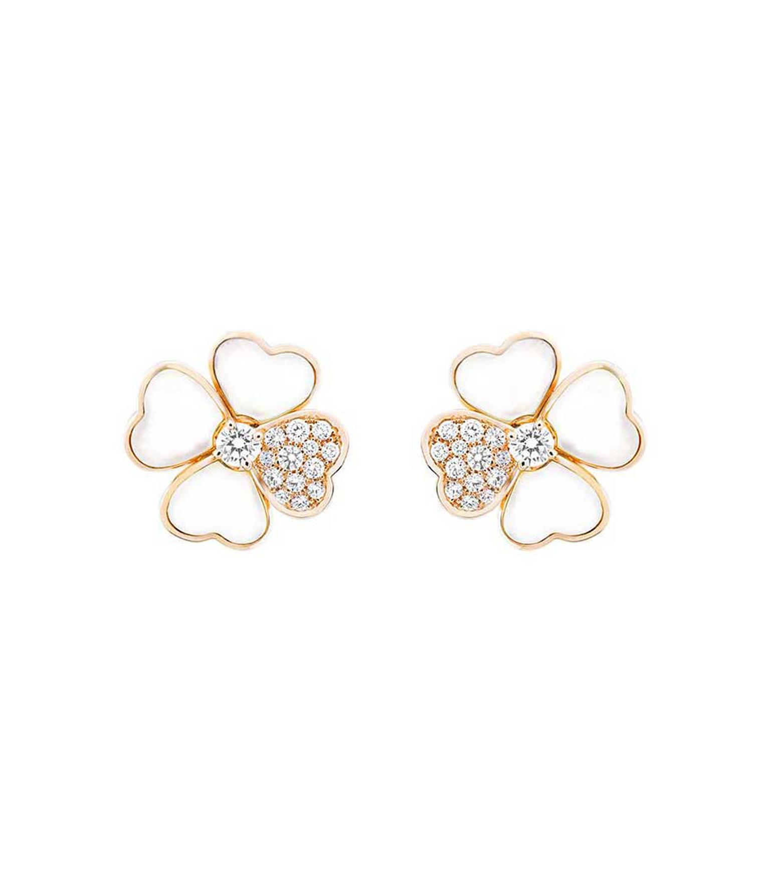 Van Cleef & Arpels Cosmos earrings in rose gold with brilliant-cut diamond buds surrounded by white mother-of-pearl and diamond petals (£13,700).