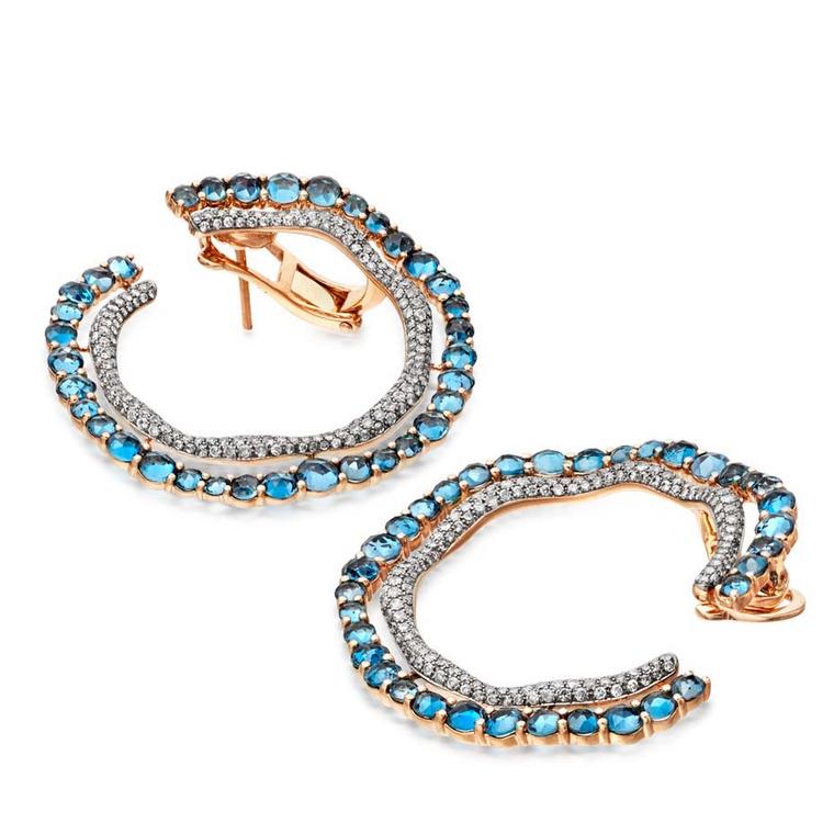 Astley Clarke FAO earrings with undulating rose-cut London blue topaz alongside molten pavé grey diamonds that mimic the graceful flutter of butterfly wings (£6,750).