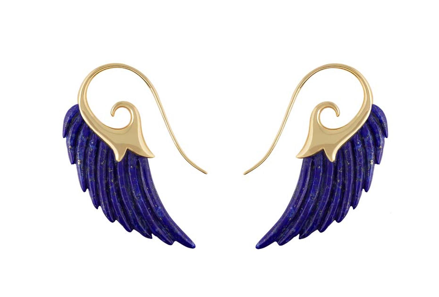 Noor Fares Fly Me to the Moon collection lapis lazuli earrings with internal gold flecks.