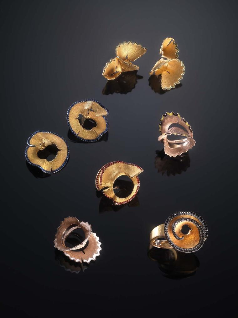 The new Pencil Shavings jewellery collection by Luz Camino is inspired by the humble wood shavings produced after sharpening a pencil. Crafted from gold with details in enamel and precious stones, the collection is on show now at Bergdorf Goodman, New Yor