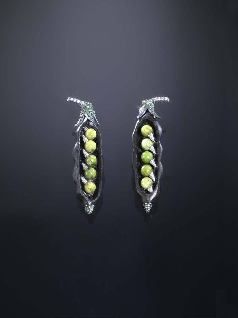 One-of-a-kind Luz Camino Peas in a Pod earrings in an ebony cocoon with turquoise, tsavorites, diamonds, silver and gold.