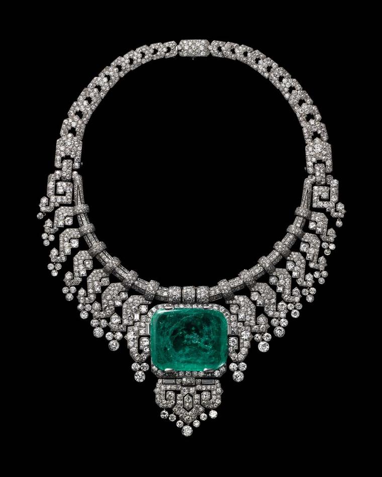 A Cartier diamond and emerald necklace dating from 1932, as worn by the Countess of Granardon show at Cartier's Brilliant exhibition in Denver. Photo: Vincent Wulveryck, Cartier Collection © Cartier