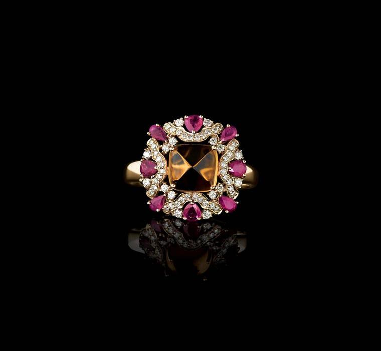 Farah Khan for Tanishq citrine cocktail ring with rubies and diamonds set in yellow gold.
