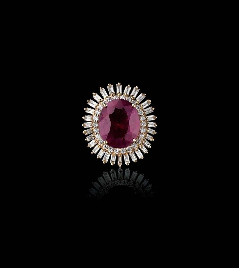 Farah Khan for Tanishq ruby ring with diamonds set in yellow gold.